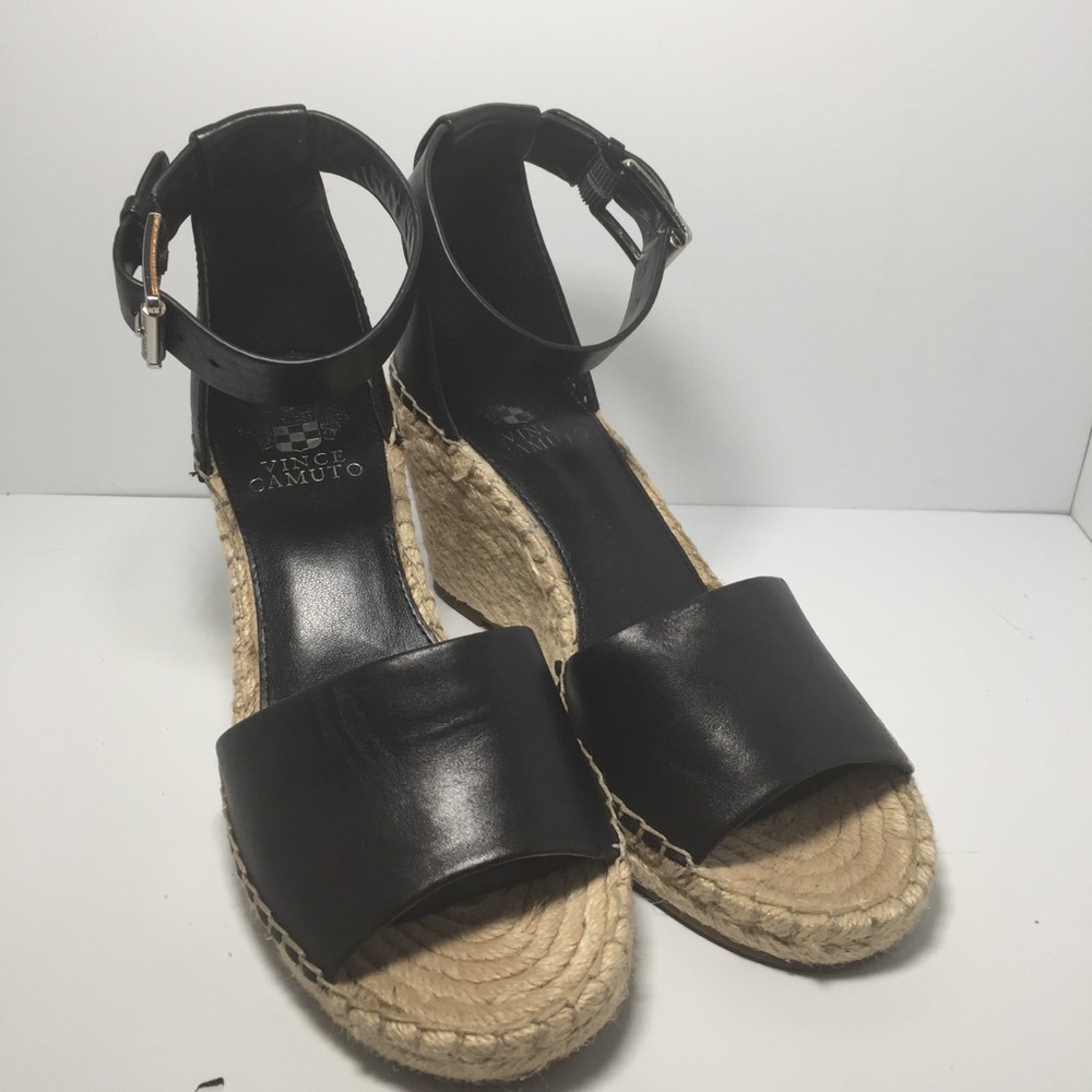 Vince Camuto Black Leather Espadrille Wedge Sandals
